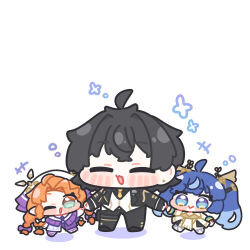  +++ 1boy 2girls :> ahoge black_gloves black_hair black_jacket black_pants black_suit blue_eyes blue_hair blush blush_stickers bow braid chibi chibi_only closed_eyes closed_mouth commentary_request dress gloves green_eyes hair_bow hair_ornament hat highres holding_hands iuno_(wuthering_waves) jacket long_hair low_twin_braids male_rover_(wuthering_waves) multiple_girls necktie one_eye_closed open_mouth orange_hair pants parted_bangs rover_(wuthering_waves) shirt short_hair sigrika_(wuthering_waves) simple_background smile squeans suit syurikenmaru twin_braids twintails very_long_hair vest white_background white_dress white_hat wuthering_waves 