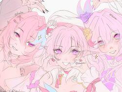  3girls absurdres beret color_connection commentary company_connection cyrene_(demiurge)_(honkai:_star_rail) cyrene_(honkai:_star_rail) diamond-shaped_pupils diamond_(shape) elf elysia_(hi_love_elf)_(honkai_impact) elysia_(honkai_impact) english_commentary hair_color_connection hat heart heart_arms heart_arms_duo heart_hands highres honkai:_star_rail honkai_(series) honkai_impact_3rd inoue_marina long_hair looking_at_viewer medium_hair mihoyo multiple_girls pink_hair pointy_ears remielle_dan shouirene smile symbol-shaped_pupils twitter_username upper_body very_long_hair violet_eyes voice_actor_connection yanning zenless_zone_zero 
