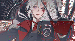  1boy abstract_background allen_walker artist_name asymmetrical_sidelocks badge black_background black_coat black_jacket black_order_uniform black_sclera black_skin black_vest claws coat colored_sclera colored_skin cross d.gray-man dress_shirt facial_mark forehead_mark fur-trimmed_jacket fur_trim hair_between_eyes heterochromia hood hood_down hooded_coat hooded_jacket jacket jewelry long_sleeves looking_at_viewer male_focus military military_uniform miyukiko multiple_persona multiple_rings necktie parted_lips red_background red_eyes red_necktie red_skin ring scar scar_across_eye scar_on_face shirt short_hair sidelocks signature solo star_(symbol) star_facial_mark star_symbol_background striped_background striped_clothes striped_coat striped_jacket talons twitter_username upper_body vertical-striped_coat vest violet_eyes white_background white_hair white_jacket white_shirt 