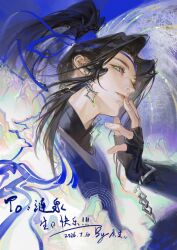  1boy aqua_eyes black_gloves black_hair blue_ribbon closed_mouth commission dated earrings eyelashes finger_to_mouth fingerless_gloves fingernails gloves headband high_ponytail highres jewelry lips long_hair looking_at_viewer mandarin_collar mihuashi_commission original parted_bangs ponytail portrait red_pupils ribbon solo watermark yuansheng_zhengtai 