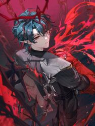  1boy absurdres arknights arknights:_endfield armor asymmetrical_gloves bat_(animal) bishounen black_jacket black_pants blood blood_halo blood_spray bloody_wings camille_(arknights) chain commentary crystal_earrings cuisses earrings elbow_gloves from_above gloves green_eyes green_hair halo hand_up highres jacket jewelry liquid_halo looking_at_viewer male_focus mismatched_gloves multicolored_hair neck_tattoo pants parted_bangs pauldrons pinstripe_jacket pinstripe_pattern red_gloves red_streaks short_hair shoulder_armor single_elbow_glove single_pauldron solo spiked_halo streaked_hair tattoo toriumu uneven_gloves vampire wings 