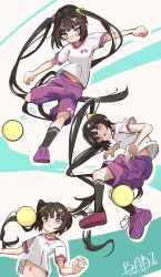  1girl babi_(rukuko695) ball black_hair black_socks cat_hair_ornament character_signature dated hair_ornament hairclip highres kneehighs long_hair multiple_views navel original pink_eyes playing_sports purple_shoes purple_shorts rukuko695 shirt shoes shorts soccer soccer_uniform socks sportswear twintails very_long_hair white_shirt x_hair_ornament 