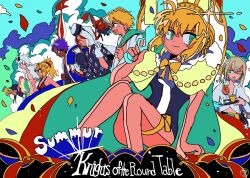  arched_crown artoria_pendragon_(fate) ball baseball_cap beachball bedivere_(fate) bedivere_(silver_knight_of_summer)_(fate) bikini bird black_hat blonde_hair braid braided_base bun_with_braided_base cape casual_one-piece_swimsuit chicken closed_eyes closed_umbrella crown dark-skinned_male dark_skin english_text engrish_text eyewear_on_head fate/grand_order fate_(series) fur-trimmed_cape fur_trim gareth_(fate) gareth_(swimsuit_saber)_(first_ascension)_(fate) gawain_(fate) gloves goggles goggles_on_head green_cape hair_bun hair_ornament hair_scrunchie hat highres holding holding_surfboard holding_tray holding_umbrella holding_water_gun hood hoodie ima_mo_nao_kangaechuu jacket japanese_clothes kimono lancelot_(fate/grand_order) lancelot_(strongest_knight_of_summer)_(fate) leg_ribbon mordred_(fate) mordred_(swimsuit_rider)_(fate) mordred_(swimsuit_rider)_(first_ascension)_(fate) one-piece_swimsuit open_clothes open_jacket open_shirt percival_(fate) percival_(summer_knight_outfit)_(fate) purple_hair ranguage red_bikini red_hair red_scrunchie ribbon saber_(fate) saber_(swimsuit_archer)_(third_ascension)_(fate) scrunchie sidelocks summer sunglasses surfboard swimsuit thigh_ribbon tray tristan_(fate) umbrella water_gun white_gloves white_hair white_hoodie 