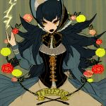  bonnet bow breasts cleavage corset dress electricity fangs flower l_hakase large_breasts long_hair long_sleeves luxio luxray personification pink_rose pokemon red_rose rose solo spiked_hair yellow_eyes yellow_rose 
