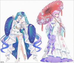  2girls :d aqua_hair back_bow bare_shoulders blue_eyes blue_flower blue_hair blue_sleeves bow breasts choker closed_mouth commentary copyright_notice detached_sleeves dress dress_flower floral_print flower frilled_dress frills full_body gradient_hair hair_between_eyes hair_flower hair_ornament hakusai_(tiahszld) hands_up hatsune_miku high-low_skirt high_heels holding holding_umbrella jewelry layered_dress layered_sleeves long_dress long_hair long_sleeves looking_at_viewer medium_breasts megurine_luka multicolored_hair multiple_girls oil-paper_umbrella open_mouth pink_flower pink_hair pink_nails pleated_dress purple_hair red_umbrella sakuramon short_dress short_sleeves simple_background sleeveless sleeveless_dress sleeves_past_wrists small_breasts smile standing strapless strapless_dress tassel twintails two-tone_hair umbrella untranslatable_commentary very_long_hair vocaloid white_background white_choker white_dress white_sleeves wide_sleeves yagasuri 