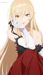  1girl absurdres blonde_hair breasts closed_mouth dress elbow_gloves gloves hand_on_own_face highres kiss-shot_acerola-orion_heart-under-blade kizumonogatari large_breasts long_hair looking_at_viewer monogatari_(series) oshino_shinobu pointy_ears red_dress simple_background sitting smile very_long_hair white_background white_gloves yellow_eyes yioukei 