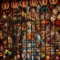  1girl absurdly_detailed_composition ball beads black_boots black_coat black_pants blonde_hair blue_hat blue_kimono boots broken_mirror buttons checkered_wall clock coat commentary_request curtains dial epaulettes fan_print floral_print floral_print_kimono fox_mask gem hat highres japanese_clothes kimono lamp lantern lips long_hair long_sleeves mannequin maruyamaboukyo mask measuring_glass medal military_hat military_uniform mirror mouth_mask obi obiage obidome obijime orange_kimono original pants paper_lantern peaked_cap pearl pendulum_clock peony_print print_kimono purple_kimono red_eyes red_gem red_sash saber_(weapon) sash sideways_glance solo string_of_pearls striped_sash sword taishou temari_ball tengu_mask wall_clock weapon 