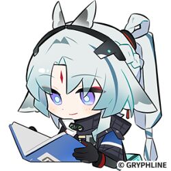 1girl animal_ears arcane_(arknights) arknights arknights:_endfield bird_ears bird_girl blue_eyes book chibi chibi_only closed_mouth facial_mark forehead_mark gradient_hair grey_hair head_wings holding holding_book lowres multicolored_hair official_art ponytail reading two-tone_cape wings 