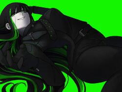  1girl alfonso_(project_moon) black_hair breasts collared_shirt commentary_request curvy green_background green_eyes highres large_breasts limbus_company looking_at_viewer lying multicolored_hair necktie on_back pale_skin project_moon reaching reaching_towards_viewer seductive_smile shirt simple_background smile suit wide_hips winterwintry 