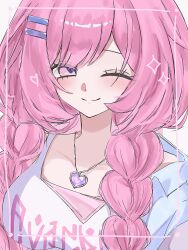  1girl ;) blue_jacket breasts commentary_request cyrene_(demiurge)_(honkai:_star_rail) cyrene_(honkai:_star_rail) cyrene_(wonderful_holiday)_(honkai:_star_rail) heart heart_necklace highres honkai:_star_rail honkai_(series) jacket jewelry large_breasts long_hair looking_at_viewer necklace nx4p0n official_alternate_costume one_eye_closed pink_hair smile solo tank_top very_long_hair violet_eyes white_tank_top 