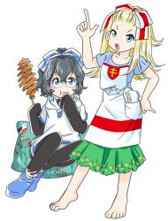  apron apron_pocket bangs_pinned_back barefoot belarus belarusian_flag black_hair black_leggings black_pants black_sleeves blonde_hair blue-framed_eyewear blue_eyes blue_slippers blue_trim blush drawstring dress eating feet flat_chest floral_print food frilled_dress frilled_skirt frills glasses hair_ribbon hand_up highres holding holding_food hood hoodie japanon leggings lerochka long_hair looking_at_another medium_hair non-web_source object_in_pocket open_mouth original pants paulinka_(japanon) peace_symbol pillow pocket pointing pointing_up ponytail potato ribbon round_eyewear russian_anti-war_flag russo-ukrainian_war shirt_under_sweater shoes short_sleeves sitting sitting_on_pillow skirt slippers sneakers spiral_potato striped_hair sweater toes tongue towel transparent_background wavy_hair white_apron white_skirt 
