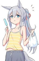  1girl animal_ears bag bare_shoulders blue_eyes blush closed_mouth collarbone food grey_hair grey_pants grey_tail hair_between_eyes hair_ribbon highres holding holding_food holding_popsicle horse_ears horse_girl horse_tail long_hair pants ponytail popsicle ribbon shopping_bag simple_background tail tamamo_cross_(umamusume) tank_top umamusume white_background yellow_tank_top zaijian_(xxx1148297) 