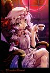  blood cup fang hat highres moon purple_hair red_eyes red_moon remilia_scarlet short_hair touhou wings 