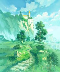  absurdres blue_sky building cliff clouds cloudy_sky commentary_request flower grass highres no_humans original outdoors path plant rock sanegesan sky stone_walkway sunlight tower tree water 