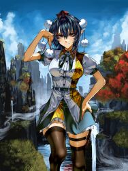  1girl absurdres belt black_hair black_ribbon black_skirt black_thighhighs blue_sky breasts brown_eyes commentary frilled_skirt frills fumaru22 hand_on_own_hip hat highres leaf_print looking_at_viewer medium_hair neck_ribbon outdoors pointy_ears pom_pom_(clothes) print_shirt red_hat ribbon shameimaru_aya shirt skirt sky smile solo thigh-highs thigh_belt thigh_strap tokin_hat touhou untranslatable_commentary water waterfall white_shirt 