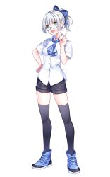  1girl :d artist_request black_shorts black_thighhighs blue-framed_eyewear blue_bow blue_shoes bow buttons choppy_bangs collared_shirt full_body glasses green_eyes grey_hair hair_bow hand_on_own_hip hand_up highres index_finger_raised indie_virtual_youtuber long_hair looking_at_viewer official_art open_mouth ponytail riiria_(1st_costume)_(vtuber) riiria_(vtuber) round_eyewear second-party_source semi-rimless_eyewear shirt shoes short_shorts short_sleeves shorts sidelocks simple_background smile solo standing teeth thigh-highs unmoving_pattern upper_teeth_only white_background white_shirt 