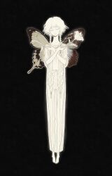  1girl asymmetrical_wings barefoot black_background blue_wings braid butterfly_wings closed_eyes closed_mouth colored_eyelashes colored_skin crossed_wrists dress eleanor_(ohmyeleanor) facing_viewer flower fluffy_hair full_body glowing hair_over_shoulder head_tilt highres holding holding_flower insect_wings lily_(flower) loose_hair_strand original pleated_dress red_lips see-through_clothes see-through_dress see-through_silhouette short_sleeves simple_background smile solo standing twin_braids u_u white_dress white_eyelashes white_flower white_hair white_lily white_skin wings yellow_wings 