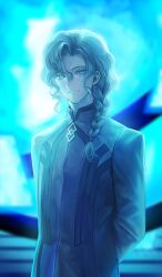  1boy arms_behind_back blue_background blue_eyes blue_theme braid chaldea_staff_uniform closed_mouth commentary_request fate/grand_order fate_(series) game_asset hair_between_eyes hair_over_shoulder high_collar long_hair male_focus marisbury_animusphere mizutame_tori official_art single_braid smile solo third-party_source upper_body white_hair 