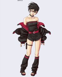 1girl absurdres artbyolvr bare_shoulders belt black_choker black_hair black_jacket black_leg_warmers black_romper boruto:_two_blue_vortex boruto_(series) breasts choker collarbone commentary contrapposto earrings expressionless full_body glasses high_heels highres jacket jewelry leg_warmers mangekyou_sharingan naruto_(series) off_shoulder pouch red_belt red_eyes romper sharingan sleeves_past_wrists small_breasts solo strapless_romper thigh_pouch twitter_username uchiha_sarada uchiha_symbol 
