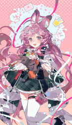  1girl :d absurdres ahoge animal animal_ear_fluff animal_ears arknights black_shoes black_skirt brown_rabbit capelet carrot chinese_commentary commentary_request fingerless_gloves gloves highres holding holding_animal holding_rabbit ji_youjin long_hair looking_at_viewer love_letter miniskirt open_mouth orange_gloves pink_background pink_eyes pink_hair pink_ribbon pouch rabbit rabbit_ears rabbit_girl ribbon shoes skirt smile solo standing star_(symbol) thigh-highs thigh_pouch thumpy_(arknights) very_long_hair white_capelet white_rabbit_(animal) white_thighhighs 