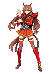  1girl animal_ears armor belt belt-san blue_eyes bow breasts brown_hair commentary_request drive_driver ear_bow hair_between_eyes holding horse_ears horse_girl horse_tail kamen_rider_drive long_hair looking_at_viewer maruzensky_(formula_r)_(umamusume) maruzensky_(umamusume) name_connection red_armor rider_belt shirt simple_background skirt smile solo standing tail tenkey2022 tokusatsu umamusume white_background 