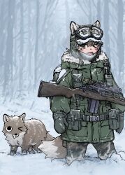  >_o 1girl :o absurdres animal_ears arms_at_sides belt belt_pouch blush_stickers breath brown_hair camouflage camouflage_pants coat cold cowboy_shot day fang forest fox fox_ears fox_girl fox_girl_(yihan_world) fox_tail fur-trimmed_hood fur_trim goggles goggles_on_head green_belt green_coat green_helmet green_mittens gun gun_sling hair_between_eyes helmet highres hood hood_down hooded_coat legs_apart looking_at_viewer m21 mask mask_pull mittens mouth_mask nature one_eye_closed open_mouth original outdoors pants pouch rifle short_hair sniper_rifle snow snowing solo tail weapon winter_clothes winter_coat woodland_camouflage yihan_world 