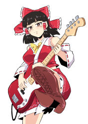  1girl ascot bare_shoulders boots bow brown_boots commentary detached_sleeves electric_guitar frilled_bow frilled_hair_tubes frilled_skirt frills guitar hair_bow hair_tubes hakurei_reimu highres holding holding_guitar holding_instrument instrument lace-up_boots leg_up looking_at_viewer midriff nontraditional_miko playing_instrument red_bow red_shirt red_skirt ribbon-trimmed_sleeves ribbon_trim sakamoto_fred shirt shoe_soles simple_background skirt sleeveless sleeveless_shirt solo touhou untranslatable_commentary white_background yellow_ascot 