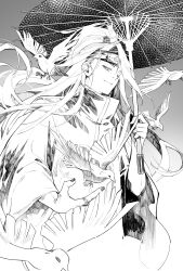  1boy akatsuki_uniform asymmetrical_bangs bad_source bird closed_mouth deidara_(naruto) dixieyyds forehead_protector gradient_background high_ponytail highres jewelry looking_at_viewer male_focus monochrome nail_polish naruto_(series) naruto_shippuuden oil-paper_umbrella one_eye_closed ponytail ring robe simple_background sketch smile solo umbrella 