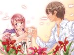  couple flower hand_holding holding_hands long_hair mizutani_tooru original petals purple_eyes violet_eyes 