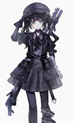  1girl ammunition_pouch arm_belt artist_name asymmetrical_gloves bandaged_arm bandaged_hand bandages black_choker black_coat black_dress black_gloves black_hair black_hat black_pantyhose black_ribbon choker closed_mouth coat collared_dress commentary_request cowboy_shot dress futaketefuton gloves goggles goggles_on_headwear grey_eyes hair_ornament hand_on_headwear hat highres kurobe_nanoka leg_belt long_hair looking_at_viewer mahou_shoujo_no_majo_saiban neck_ribbon pantyhose plaid_clothes plaid_dress pouch ribbon signature simple_background solo straight-on twintails watermark white_background 