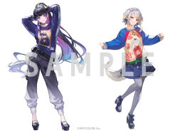  2girls animal_ears arms_up black_choker black_hair black_pants black_shoes blonde_hair blue_hair blue_pantyhose blue_ribbon blue_skirt blue_sweater braid buttons chain choker commentary company_name copyright_notice dog_ears dog_girl dog_tail double-breasted earrings full_body gradient_hair green_eyes grey_hair grey_streaks grey_tail hair_bun hair_ornament hair_ribbon hair_scrunchie hands_on_own_head high_heels jewelry long_hair long_sleeves looking_at_viewer meloco_kyoran meloco_kyoran_(1st_costume) multicolored_hair multicolored_sweater multiple_girls nijisanji nijisanji_en noir_eku official_alternate_costume official_art pants pantyhose ponytail print_sweater purple_hair purple_scrunchie purple_sweater ribbon sample_watermark scrunchie shioriha_ruri shoes simple_background skirt sleeves_past_wrists smile standing streaked_hair sweater tail very_long_hair violet_eyes virtual_youtuber watermark white_background yellow_sweater 