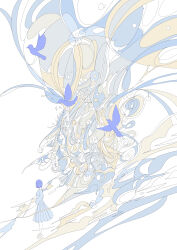  1girl absurdres bird blue_hair commentary english_commentary flat_color full_body hato_(n_hat_mu) highres long_sleeves original short_hair simple_background solo water waves white_background 