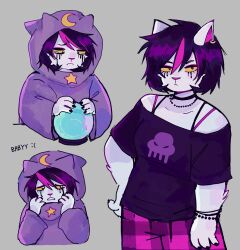  1girl absurdres animal_ears animal_nose black_hair black_nails black_shirt bracelet cat_ears cat_girl catti_(deltarune) cerise_(ceriisu) choker colored_sclera commentary cosplay crying crying_with_eyes_open crystal_ball deltarune emoticon english_commentary english_text expressionless frown furry furry_female grey_background hand_on_own_hip highres hood hood_up hooded_robe jewelry looking_at_object looking_at_viewer makeup moon multicolored_hair orb parted_lips plaid_clothes plaid_shorts purple_robe purple_streaks ribbon_choker robe rose_lalonde rose_lalonde_(cosplay) runny_makeup sad shirt short_hair shorts solo squid_print star_(symbol) streaked_hair string_bra tears utdr_(toby_fox) violet_eyes white_fur yellow_sclera 