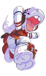  boots buttons commentary cosplay dress flying_kick furry furry_female gold_ship_(umamusume) gold_ship_(umamusume)_(cosplay) highres horse horse_girl horseshoe horseshoe_ornament kicking non-web_source puppet red_dress red_ribbon ribbon sewing smile stuffed_animal stuffed_toy umamusume 