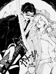  1boy 1girl belt blind breasts cigar clash closed_eyes coat dual_wielding duel fedora fighting greyscale hair_over_one_eye hat highres holding holding_cigar holding_sword holding_weapon jacket kagurabachi katana large_breasts limbus_company littleclevie long_hair male_focus monochrome pants project_moon samura_seiichi scar scar_across_eye scar_across_eyes scar_on_face shirt short_hair smoking sparks suit_jacket sunglasses sword sword_clash sword_fight tobimune_(sword) valencina_(project_moon) weapon wide_brim 