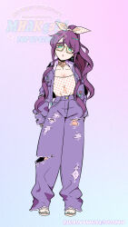  1girl :o absurdres aqua_eyes aqua_nails bow_hairband commentary_request cross cross_earrings cross_necklace denim denim_jacket earrings hairband high_ponytail highres jacket jewelry looking_at_viewer mahou_shoujo_ni_akogarete nail_polish necklace official_art ononaka_akihiro pants ponytail purple_hair purple_jacket purple_pants sandals sister_gigant thick_eyebrows white_sandals 