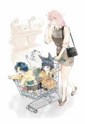  1boy 3girls absurdres aged_down alternate_costume animal_ear_fluff animal_ears asaba_harumasa black_hair blue_skin blunt_bangs blush closed_eyes closed_mouth colored_skin commentary fox_ears fox_girl full_body glasses hair_between_eyes headband hhhye_tw highres horns hoshimi_miyabi long_hair looking_ahead multiple_girls oni open_mouth parted_bangs pink_hair red_eyes short_hair sidelocks smile soukaku_(zenless_zone_zero) sparkle tsukishiro_yanagi untranslatable_commentary white_hair yellow_headband zenless_zone_zero 