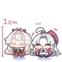  +++ 2girls ahoge black_bow bow carlotta_(wuthering_waves) chibi chibi_only closed_eyes closed_mouth commentary_request dress hair_bow height_chart highres hiyuki_(wuthering_waves) jacket long_hair mole multiple_girls open_mouth parted_bangs pink_bow pink_jacket simple_background smile striped_bow syurikenmaru very_long_hair white_background white_dress white_hair wuthering_waves 