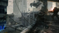  6+boys air_conditioner aircraft anti-materiel_rifle assault_rifle autocannon backpack bag battle_damage bipod blacklight:tango_down building bullpup cannon cityscape combat_helmet commentary concept_art concrete debris destruction english_commentary fighting grenade_launcher gun helmet hologram light_particles mecha military military_uniform milkor_mgl multiple_boys ntw-20 parachute projectile_trail radio_tower rappelling rifle robot science_fiction signature skyscraper sniper_rifle spider_tank star_(symbol) steyr_aug taking_cover ukitakumuki vtol war weapon 