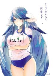 1girl alternate_costume asymmetrical_bangs bloomers blue_eyes breasts cetus_kkk closed_mouth commentary_request crying crying_with_eyes_open fins gym_uniform hair_ornament head_fins highres large_breasts little_mermaid_(sinoalice) long_sidelocks looking_at_viewer rnsad sidelocks signature simple_background sinoalice sketch solo tears twintails white_background
