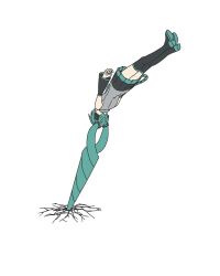  1girl aqua_hair black_boots black_skirt black_sleeves boots commentary crack crysepia detached_sleeves drill_hair full_body grey_shirt hair_ornament hatsune_miku highres literal_drill_hair long_hair long_sleeves miniskirt pleated_skirt shirt simple_background skirt sleeveless sleeveless_shirt solo thigh_boots twintails untranslatable_commentary very_long_hair vocaloid white_background 