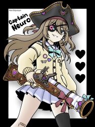  1girl absurdres badge bandaid bandaid_on_knee bandaid_on_leg bicorne black_border black_hair black_thighhighs blue_eyes blue_sailor_collar blue_skirt border bow bowtie brown_hair button_badge cardigan character_name commentary cowboy_shot english_commentary eyepatch from_side green_bow green_bowtie grin hair_between_eyes hair_ornament hair_ribbon hat heart heart_hair_ornament highres holding holding_weapon long_hair long_sleeves mantisprayer22 miniskirt neuro-sama neuro-sama_(1st_costume) pirate_hat pleated_skirt red_ribbon ribbon sailor_collar single_thighhigh skirt smile solo thigh-highs two_side_up vedal_ai virtual_youtuber weapon yellow_cardigan 