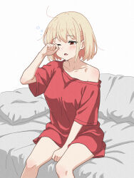  1girl absurdres bare_legs bed_sheet between_legs blonde_hair blush breasts collarbone commentary_request hand_between_own_legs hand_on_own_face highres large_breasts lycoris_recoil nishikigi_chisato on_bed one_eye_closed open_mouth oversized_clothes oversized_shirt pillow red_eyes red_shirt shirt short_hair short_sleeves shoulder_blush simple_background single_bare_shoulder sitting sleepy solo soonanoka9 squeans white_background 