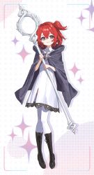  1girl absurdres aichry aqua_eyes black_boots black_shoes boots cloak closed_mouth collared_dress cross-laced_shoes crossed_bangs dress hair_between_eyes highres holding holding_staff looking_at_viewer mage_staff one_side_up original pantyhose purple_cloak red_hair shoes short_hair smile solo staff standing white_dress white_pantyhose 