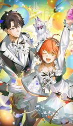  1boy 1girl ahoge aqua_eyes arm_up asymmetrical_sleeves balloon black_hair black_vest choker confetti corsage cup curtained_hair dress fate/grand_order fate_(series) flower fou_(fate) frilled_dress frills fujimaru_ritsuka_(male) gloves hair_flower hair_ornament hairband holding holding_cup lapel_pin lapels light_smile long_sleeves looking_at_viewer mismatched_sleeves notched_lapels off-shoulder_dress off_shoulder official_art one_eye_closed open_mouth orange_eyes orange_hair shokuen_(oxstl) short_hair sleeve_slit thigh_strap third-party_source vest white_dress white_gloves wide_sleeves wing_hair_ornament 