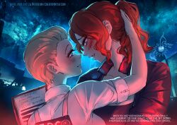  2girls artist_logo black_jacket blonde_hair blue_eyes blush cherry_in_the_sun commentary control_(game) couple emily_pope english_commentary english_text eye_contact jacket jesse_faden logo long_hair looking_at_another multiple_girls night outdoors paid_reward_available parted_lips patreon_username ponytail red_hair shirt short_hair sky star_(sky) starry_sky white_shirt yuri 