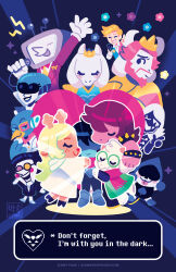  1other 4girls 6+boys ant_tenna antlers armor artist_name asgore_dreemurr asgore_dreemurr_(dark_world) asunnydisposish berdly_(dark_world)_(deltarune) berdly_(deltarune) bird bird_boy black_hair blonde_hair blue_skin bluebird colored_skin commentary delta_rune_(symbol) deltarune english_commentary everyone flowery_(deltarune) freckles goat_boy heterochromatic_eyewear highres horns hug kris_(dark_world)_(deltarune) kris_(deltarune) lancer_(deltarune) lyrics multiple_boys multiple_girls noelle_holiday noelle_holiday_(dark_world) pink_hair queen_(deltarune) ralsei reindeer_antlers reindeer_girl reptile_girl rouxls_kaard smile spamton_g._spamton susie_(dark_world)_(deltarune) susie_(deltarune) television tinted_eyewear toriel toriel_(dark_world) utdr_(toby_fox) video_game_dialogue_box white_hair white_skin 
