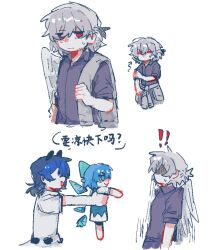  ! !! 3girls adapted_costume animal_ears armpit_carry blue_bow blue_dress blue_eyes blue_hair bow carrying carrying_person chinese_commentary chinese_text cirno closed_mouth clothes_around_waist collared_shirt commentary_request detached_wings doremy_sweet dress hair_bow highres ice ice_wings jacket jacket_around_waist kishin_sagume l_fzxxxx multiple_girls open_mouth pinafore_dress pom_pom_(clothes) purple_shirt shirt sleeveless sleeveless_dress smile speech_bubble sweat tapir_ears touhou translation_request white_dress white_shirt wings 