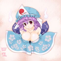  blush breasts cleavage from_above hat large_breasts nekohane_ryou off_shoulder purple_eyes purple_hair saigyouji_yuyuko smile touhou 