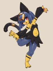  animal_ears blue_hair cat_ears cat_girl cat_tail commentary_request hair_ornament highres multicolored_hair palworld red_eyes sekhmet_(palworld) tail two-tone_hair zhainan_xiao_zhao 